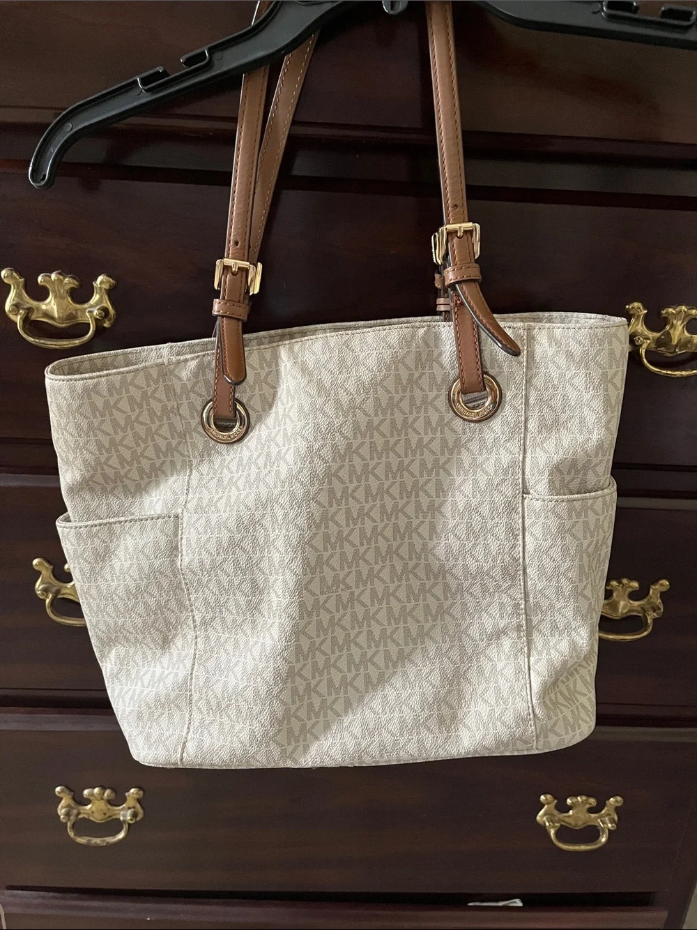 Michael Kors Cream MK Signature Tote with Brown Leather Straps